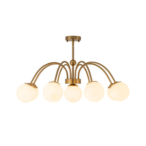LightFixturesUSA-9-Light Opal Glass Bubble Arched Arm Semi Flush Chandelier-Chandelier-Brass-