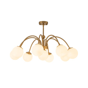 LightFixturesUSA-9-Light Opal Glass Bubble Arched Arm Semi Flush Chandelier-Chandelier-Brass-
