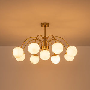 LightFixturesUSA-9-Light Opal Glass Bubble Arched Arm Semi Flush Chandelier-Chandelier-Brass-