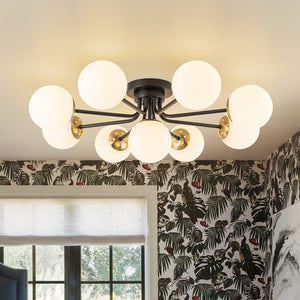 LightFixturesUSA-9-Light Opal Glass Bubble Round Sunburst Sputnik Semi Flush Mount-Ceiling Light-Black-
