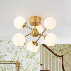 LightFixturesUSA - Adjustable Opal Glass Globe Brass Sputnik Semi Flush Mount - Ceiling Light - Brass - 