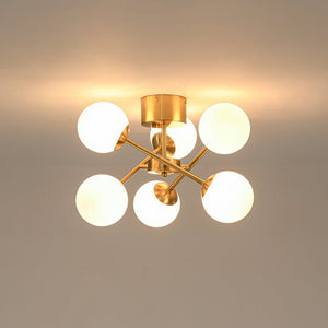 LightFixturesUSA - Adjustable Opal Glass Globe Brass Sputnik Semi Flush Mount - Ceiling Light - Brass - 