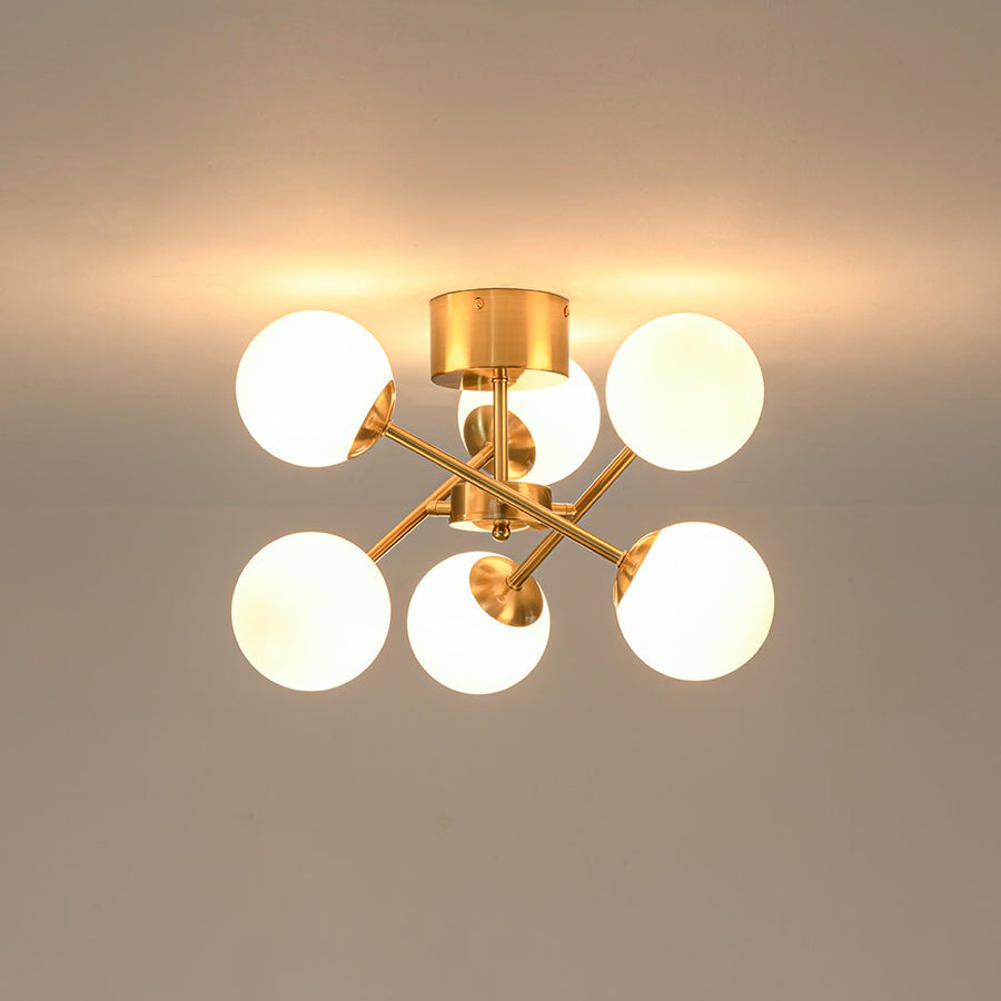 LightFixturesUSA - Adjustable Opal Glass Globe Brass Sputnik Semi Flush Mount - Ceiling Light - Brass - 