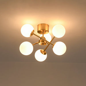 LightFixturesUSA - Adjustable Opal Glass Globe Brass Sputnik Semi Flush Mount - Ceiling Light - Brass - 