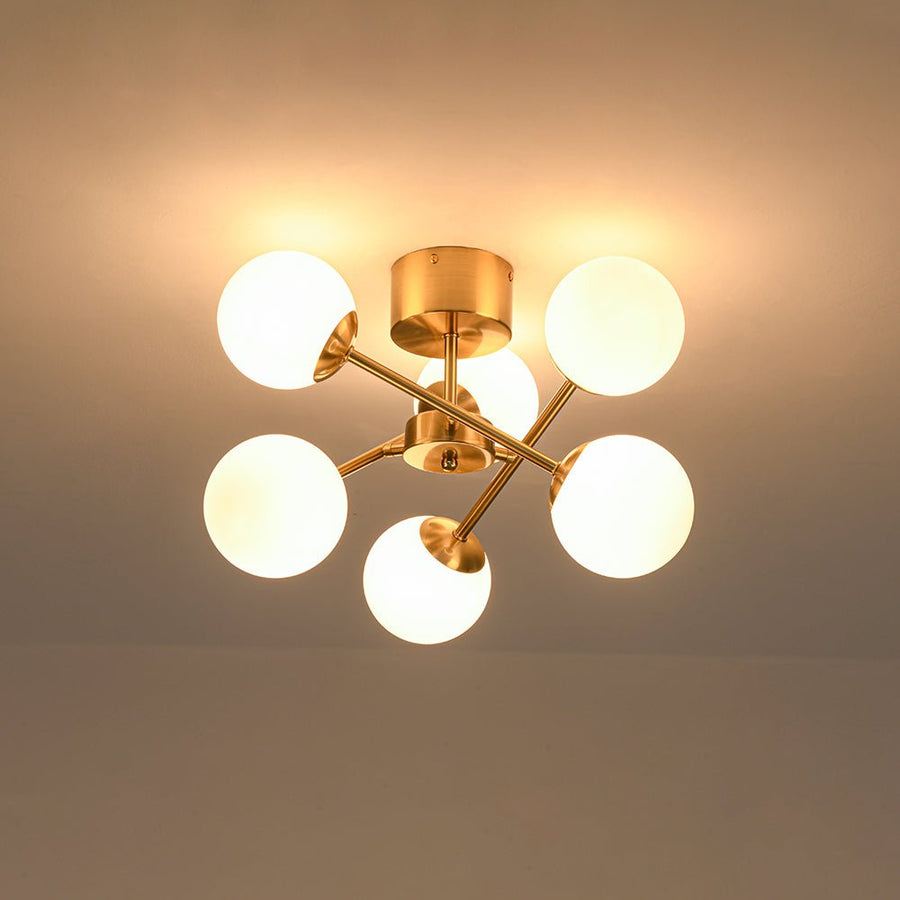 LightFixturesUSA - Adjustable Opal Glass Globe Brass Sputnik Semi Flush Mount - Ceiling Light - Brass - 