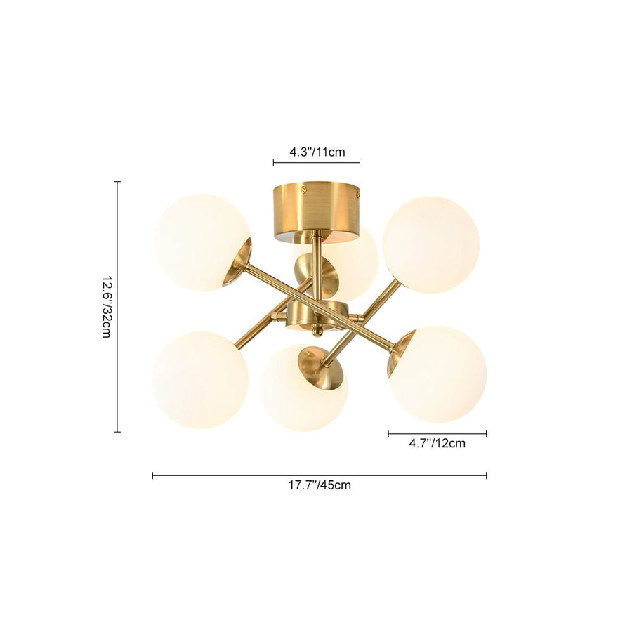 LightFixturesUSA - Adjustable Opal Glass Globe Brass Sputnik Semi Flush Mount - Ceiling Light - Brass - 