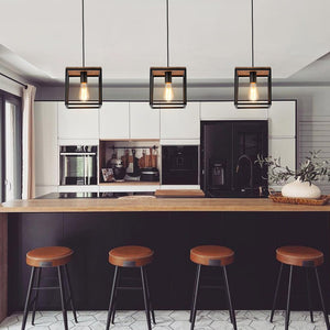 LightFixturesUSA - Aged Oak Iron Square Cage Single Kitchen Pendant Light - Pendant Light - 2 Packs - 