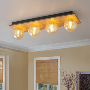 LightFixturesUSA - Amber Textured Glass Linear Wooden Semi Flush Mount / Wall Light - Wall Sconce - 4 - Lt - 