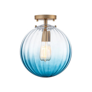 LightFixturesUSA - Art Deco 1 - Light Blue Ribbed Glass Globe Semi Flush Mount - Ceiling Light - Amber - 