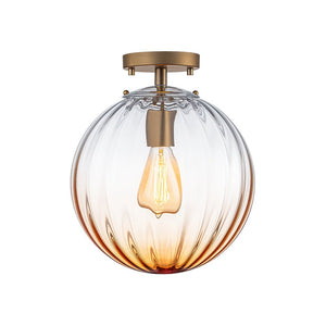 LightFixturesUSA - Art Deco 1 - Light Blue Ribbed Glass Globe Semi Flush Mount - Ceiling Light - Amber - 
