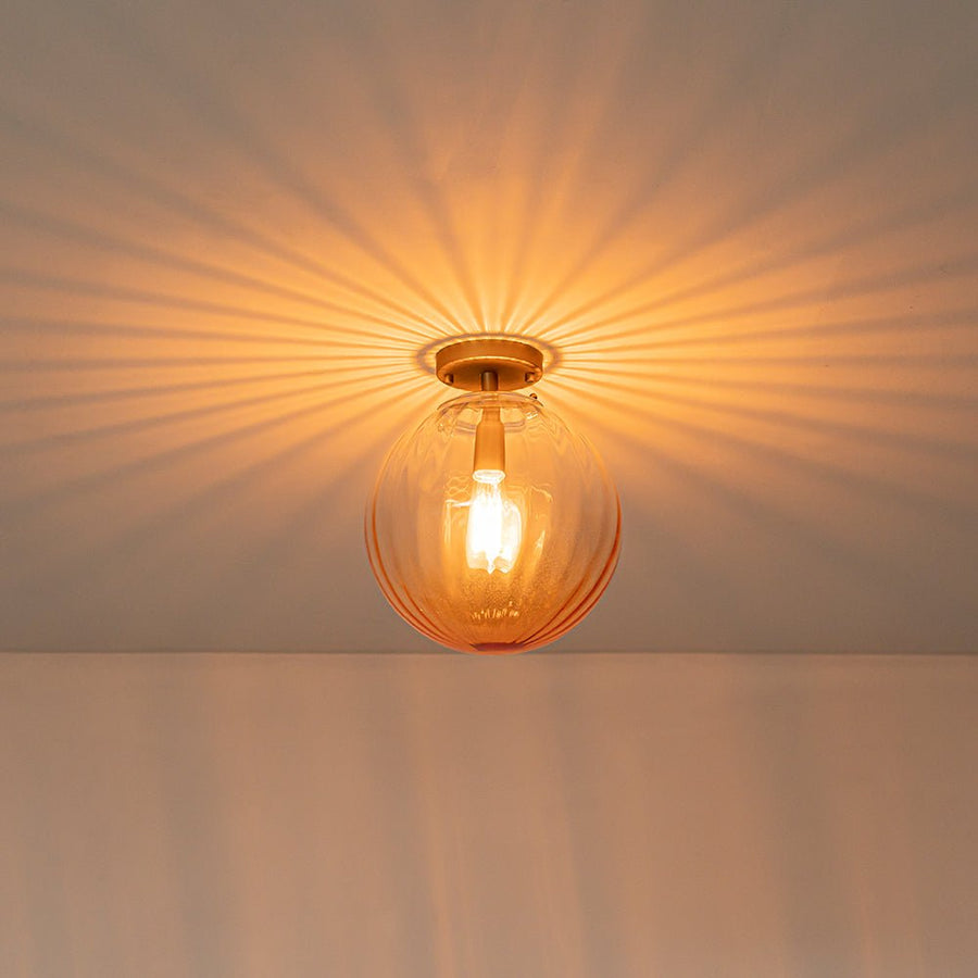 LightFixturesUSA - Art Deco 1 - Light Blue Ribbed Glass Globe Semi Flush Mount - Ceiling Light - Amber - 