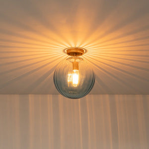 LightFixturesUSA - Art Deco 1 - Light Blue Ribbed Glass Globe Semi Flush Mount - Ceiling Light - Amber - 