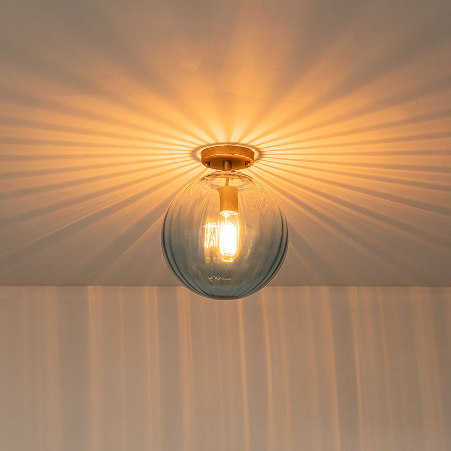 LightFixturesUSA - Art Deco 1 - Light Blue Ribbed Glass Globe Semi Flush Mount - Ceiling Light - Amber - 