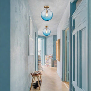 LightFixturesUSA - Art Deco 1 - Light Blue Ribbed Glass Globe Semi Flush Mount - Ceiling Light - Blue - 