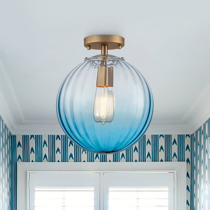 LightFixturesUSA - Art Deco 1 - Light Blue Ribbed Glass Globe Semi Flush Mount - Ceiling Light - Blue - 