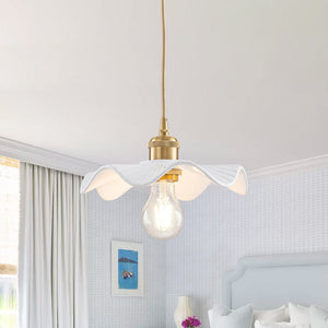 LightFixturesUSA-Art Deco 1-Light White Scalloped Ceramic Bloom Pendant-Pendant Light-9.4 in-
