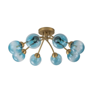 LightFixturesUSA - Art Deco 8 - Light Sputnik Blue Glass Bubble Semi Flush Mount - Ceiling Light - Brass (Pre - Order) - 