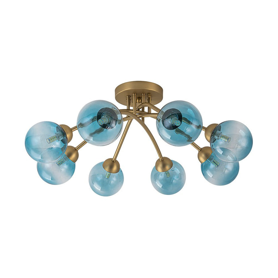 LightFixturesUSA - Art Deco 8 - Light Sputnik Blue Glass Bubble Semi Flush Mount - Ceiling Light - Brass (Pre - Order) - 
