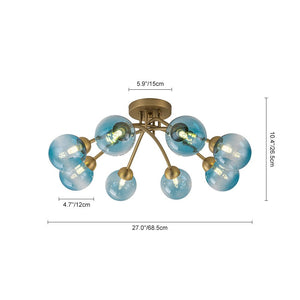 LightFixturesUSA - Art Deco 8 - Light Sputnik Blue Glass Bubble Semi Flush Mount - Ceiling Light - Brass (Pre - Order) - 