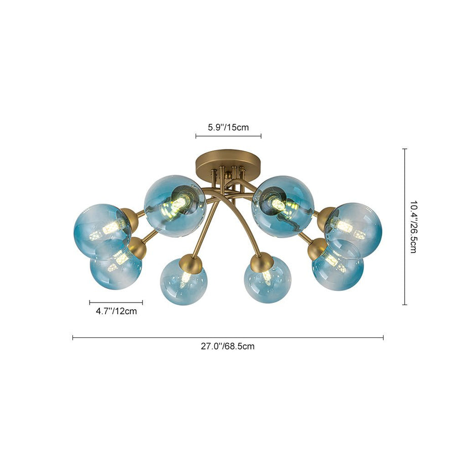 LightFixturesUSA - Art Deco 8 - Light Sputnik Blue Glass Bubble Semi Flush Mount - Ceiling Light - Brass (Pre - Order) - 