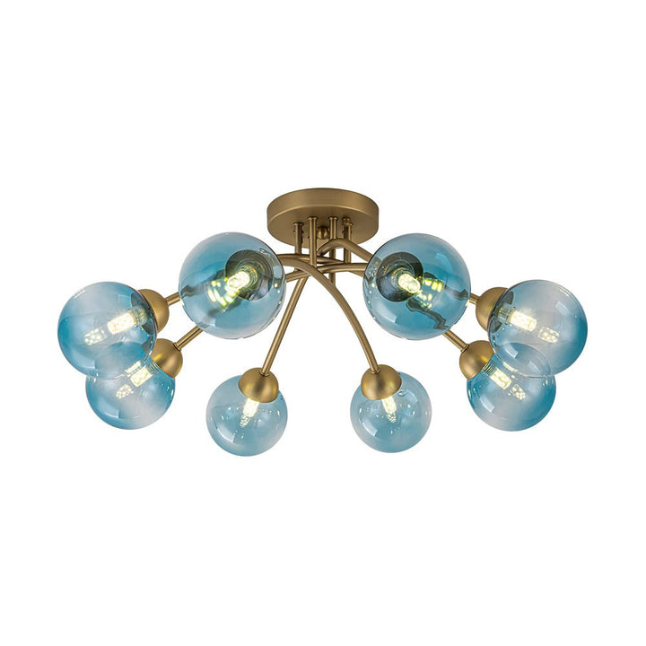LightFixturesUSA - Art Deco 8 - Light Sputnik Blue Glass Bubble Semi Flush Mount - Ceiling Light - Brass (Pre - Order) - 