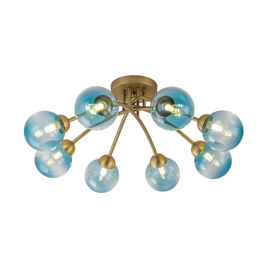 LightFixturesUSA - Art Deco 8 - Light Sputnik Blue Glass Bubble Semi Flush Mount - Ceiling Light - Brass (Pre - Order) - 