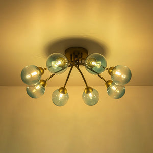 LightFixturesUSA - Art Deco 8 - Light Sputnik Blue Glass Bubble Semi Flush Mount - Ceiling Light - Brass (Pre - Order) - 