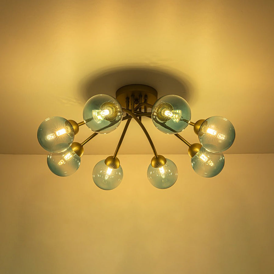 LightFixturesUSA - Art Deco 8 - Light Sputnik Blue Glass Bubble Semi Flush Mount - Ceiling Light - Brass (Pre - Order) - 