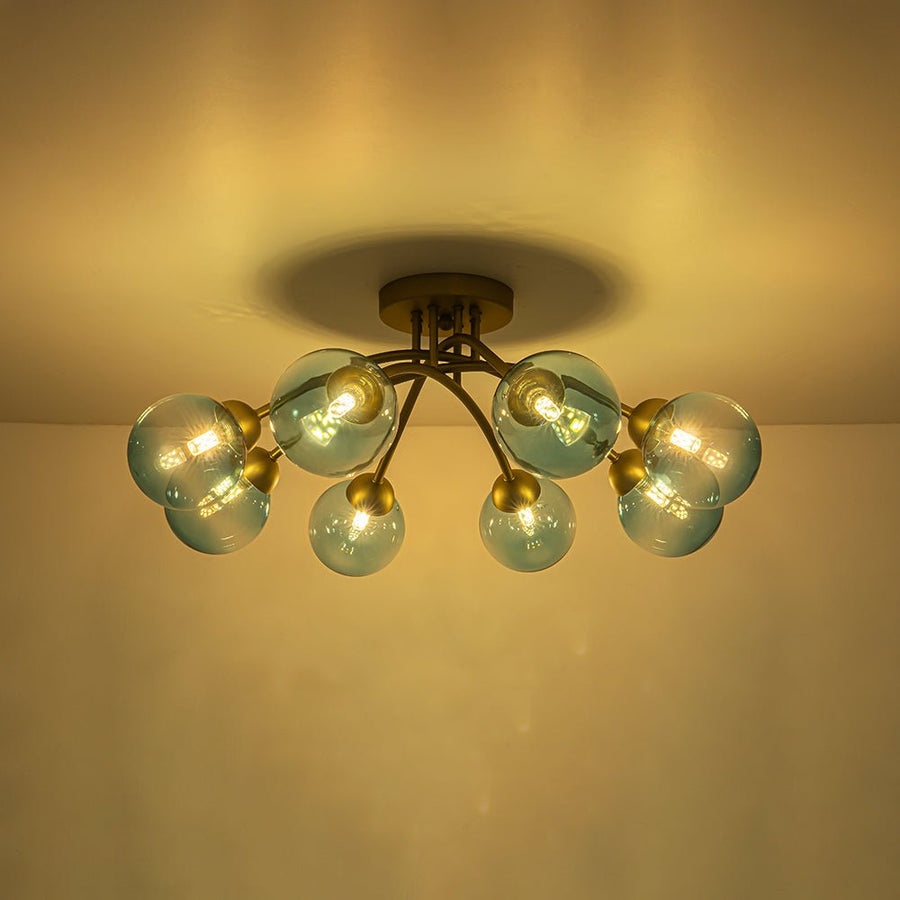 LightFixturesUSA - Art Deco 8 - Light Sputnik Blue Glass Bubble Semi Flush Mount - Ceiling Light - Brass (Pre - Order) - 