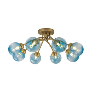 LightFixturesUSA - Art Deco 8 - Light Sputnik Blue Glass Bubble Semi Flush Mount - Ceiling Light - Brass (Pre - Order) - 