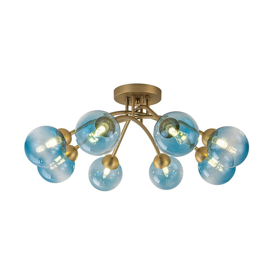 LightFixturesUSA - Art Deco 8 - Light Sputnik Blue Glass Bubble Semi Flush Mount - Ceiling Light - Brass (Pre - Order) - 