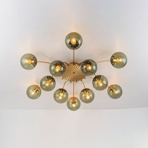 LightFixturesUSA-Art Deco Bloom Olive Green Glass Bubble Semi Flush Chandelier-Chandelier-Brass (Exclusive Offer)-