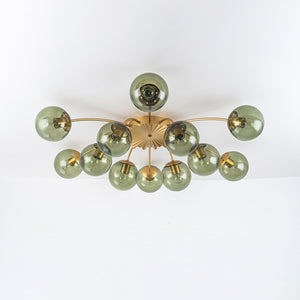 LightFixturesUSA-Art Deco Bloom Olive Green Glass Bubble Semi Flush Chandelier-Chandelier-Brass (Exclusive Offer)-