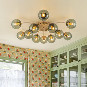 LightFixturesUSA-Art Deco Bloom Olive Green Glass Bubble Semi Flush Chandelier-Chandelier-Brass (Exclusive Offer)-