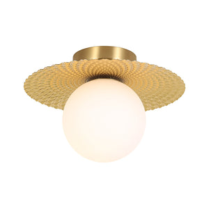 LightFixturesUSA-Art Deco Brass 1-Light Opal Glass Globe Semi Flush Mount-Ceiling Light-Brass-