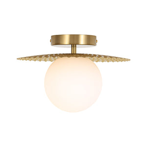 LightFixturesUSA-Art Deco Brass 1-Light Opal Glass Globe Semi Flush Mount-Ceiling Light-Brass-