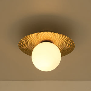 LightFixturesUSA-Art Deco Brass 1-Light Opal Glass Globe Semi Flush Mount-Ceiling Light-Brass-