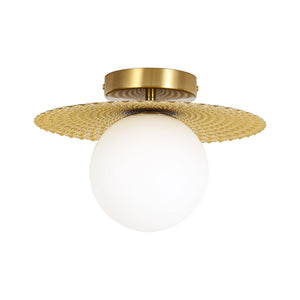 LightFixturesUSA-Art Deco Brass 1-Light Opal Glass Globe Semi Flush Mount-Ceiling Light-Brass-