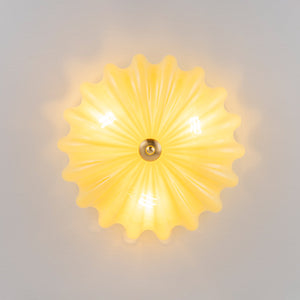LightFixturesUSA-Art Deco Canary Yellow Glass Pleated Flower Semi Flush Mount-Ceiling Light-13.8 in-