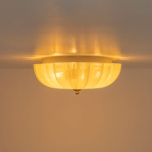 LightFixturesUSA-Art Deco Canary Yellow Glass Pleated Flower Semi Flush Mount-Ceiling Light-13.8 in-