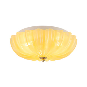 LightFixturesUSA-Art Deco Canary Yellow Glass Pleated Flower Semi Flush Mount-Ceiling Light-13.8 in-