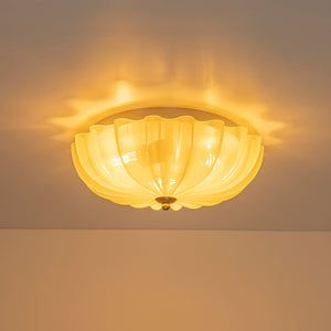 LightFixturesUSA-Art Deco Canary Yellow Glass Pleated Flower Semi Flush Mount-Ceiling Light-13.8 in-