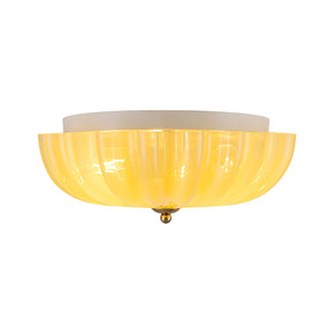 LightFixturesUSA-Art Deco Canary Yellow Glass Pleated Flower Semi Flush Mount-Ceiling Light-13.8 in-