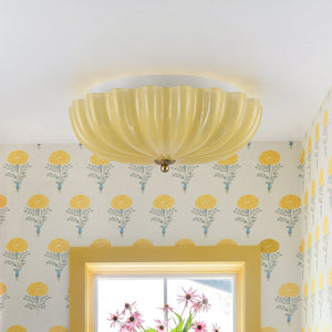 LightFixturesUSA-Art Deco Canary Yellow Glass Pleated Flower Semi Flush Mount-Ceiling Light-13.8 in-