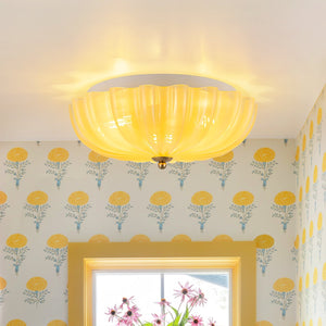LightFixturesUSA-Art Deco Canary Yellow Glass Pleated Flower Semi Flush Mount-Ceiling Light-13.8 in-