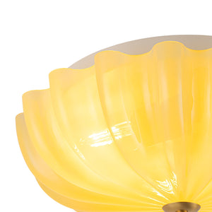 LightFixturesUSA-Art Deco Canary Yellow Glass Pleated Flower Semi Flush Mount-Ceiling Light-13.8 in-