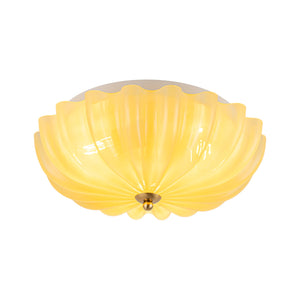 LightFixturesUSA-Art Deco Canary Yellow Glass Pleated Flower Semi Flush Mount-Ceiling Light-13.8 in-