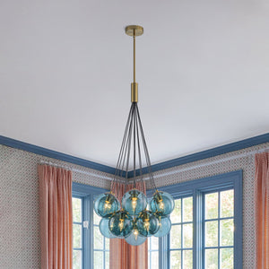 LightFixturesUSA-Art Deco Cluster Blue Tinted Glass Globe Bubble Chandelier-Chandelier-13-Lt-