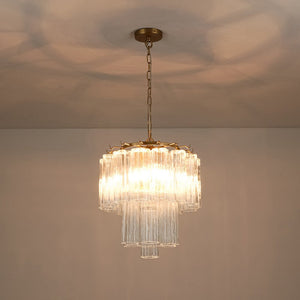 LightFixturesUSA - Art Deco Cluster Glass Textured Tube Round Tiered Chandelier - Chandelier - Brass - 