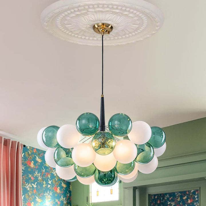 LightFixturesUSA - Art Deco Cluster Green Frosted White Glass Bubble Chandelier - Chandelier - Green + White - 